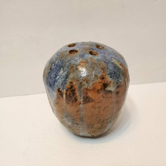 Art Pottery Vase, Flower Frog, Stoneware, Signed Studio Pottery, Blue Beige Pot - Picture 2 of 8